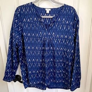J. Crew Dark Blue Ikat Print Long-Sleeve Cotton Top Size XL